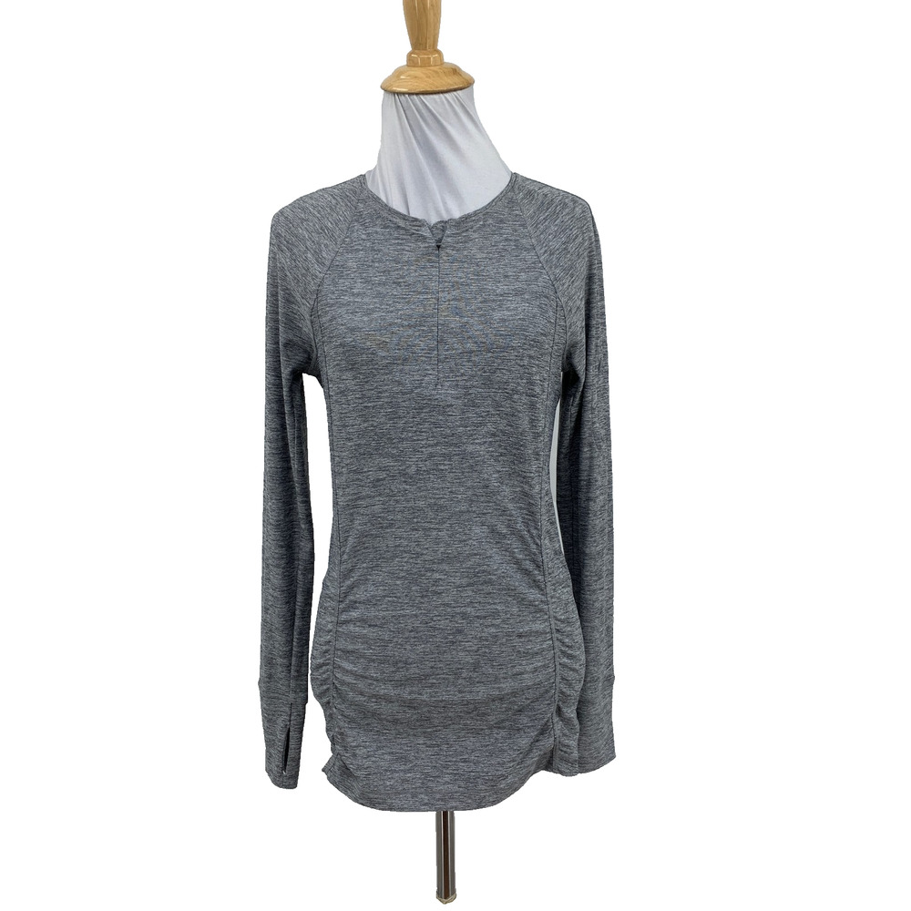 Athleta Top Womens S Small Gray Pacifica Heathered 1/4 Zip Ruched Thumbholes